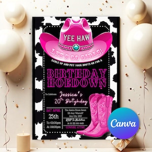 Pink Cowgirl Birthday Invitation, Country Western Invitation, Cowgirl Hoedown Birthday Party Invite, Glam Invitation, Canva Template PDC031