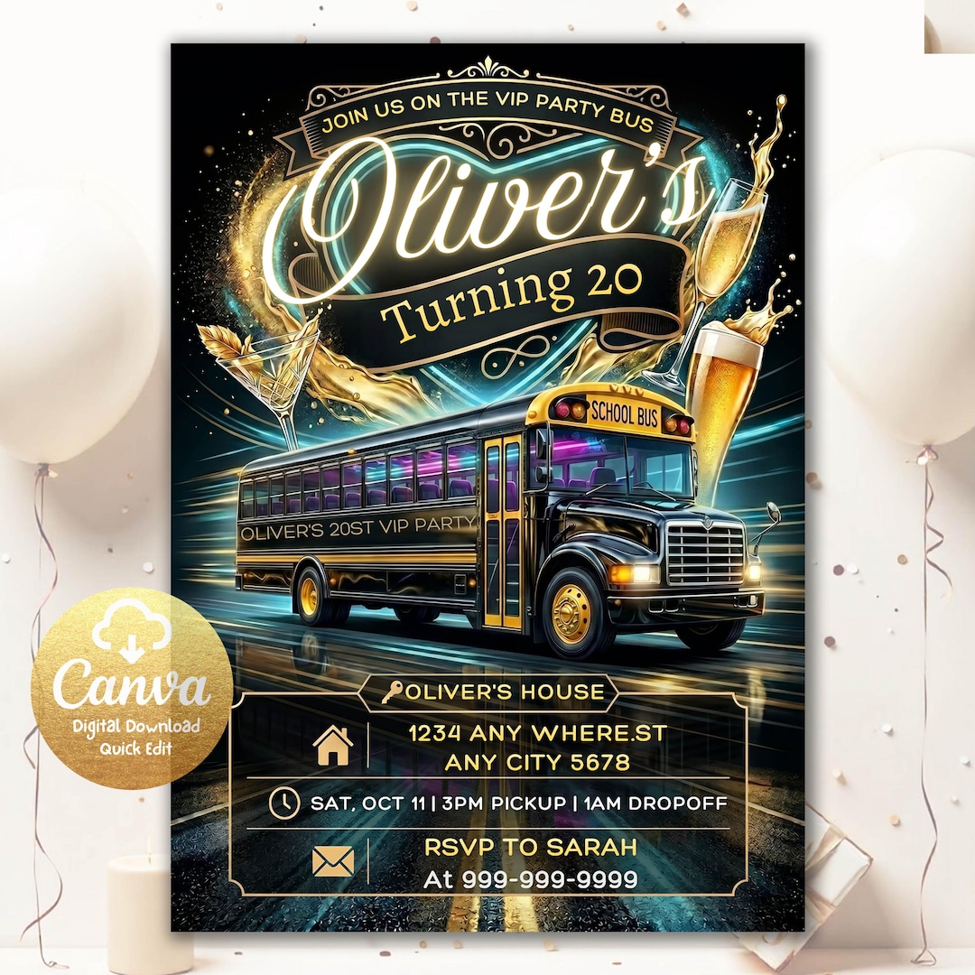 VIP Party Bus Birthday Invitation, 20th Birthday Invitation, Adult ...
