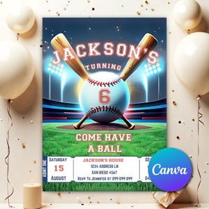 Invitation de fête d'anniversaire de baseball, invitation d'anniversaire de sport, swing sur, recrue de l'année, Invitation de fête de baseball modifiable BSB503