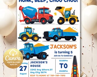 Truck and Cars Birthday Invitation, Honk, Beep, Choo Choo, Train, Cars Birthday Invite, Editable Transportation Birthday Invitation TR441
