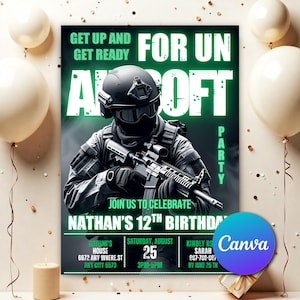 May include: A birthday party invitation with a military theme. The invitation features a soldier in tactical gear holding a rifle, with the words "FOR UN AIRSOFT PARTY" in green. The invitation is for Nathan's 12th birthday.