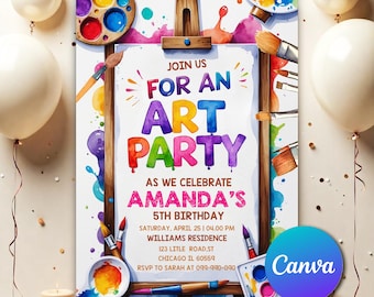 May include: An art party invitation featuring a colorful design with paintbrushes, paint palettes, and the text "Join Us For An Art Party." The invitation celebrates Amanda's 5th birthday with event details.