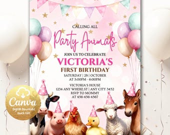 Farm Birthday Invitation Boy Farm Animals Boy Barnyard Birthday Party Invitation Printable Digital Download Editable Canva Template FAV4