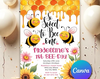 Sweet To Bee One Party Invitation Template Printable, Bee Birthday Party Theme Invitation, Editable Honey Bee Yellow Floral Greenery BE332