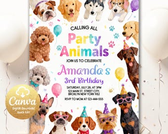Verjaardagsuitnodiging regenboog meisje, Let's Pawty, Calling All Party Animals, hond feestuitnodiging, verjaardagsuitnodiging puppy, bewerkbare Canva DB73