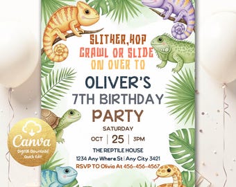 May include: A colorful birthday party invitation featuring illustrations of chameleons, a turtle, an iguana, and a snake. The invitation includes the text "SLITHER, HOP, CRAWL OR SLIDE ON OVER TO OLIVER'S 7TH BIRTHDAY PARTY".