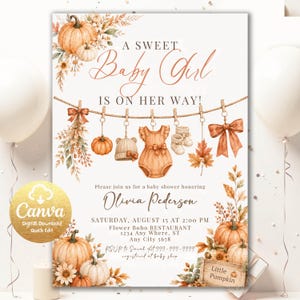 May include: A baby shower invitation featuring watercolour pumpkins, autumn leaves, and baby clothes hanging on a string. Text reads: A SWEET Baby Girl IS ON HER WAY! Olivia Pederson, Saturday, August 15 at 2:00 PM, Flower Boho Restaurant.
