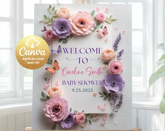 Letrero de bienvenida "Bebé en Flor", plantilla de letrero para baby shower de niña con flores silvestres, letrero de bienvenida con mariposas, letrero de bienvenida para baby shower de niña B1