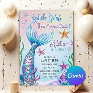 Invito di compleanno a tema sirena, invito modificabile a tema sirena, invito per festa a tema sirena, invito sottomarino, tema rosa, download immediato M1