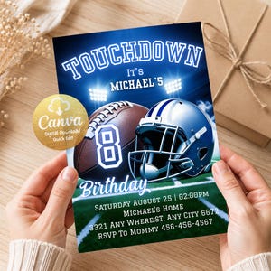 Football Birthday Invitation, Editable Sports Theme Style Party Invite, The Metallic Silver-Blue Star American football Team Invitation DC01