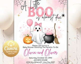 Zaproszenie na baby shower A Little Boo dla dziewczynki, zaproszenie na halloweenowe baby shower, edytowalny szablon z różowym duchem, upiorny, do druku, do pobrania PA83