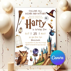 May include: A themed party invitation with a wizarding theme. The invitation text reads "Calling all Wizards and Witches" and "Harry is turning five". The design includes illustrations of a castle, owl, broom, and wizard's hat.