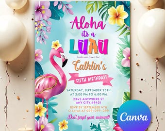 May include: A vibrant invitation for a luau-themed fifth birthday party. The design features a pink flamingo, tropical flowers, and the words "Aloha its a Luau." The invitation includes event details and RSVP information, all set against a light blue background.