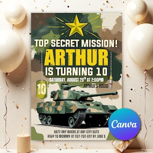 Faire-part d'anniversaire militaire, faire-parts de fête militaire, faire-part d'anniversaire soldat, modèle d'invitation modifiable sur le thème de l'armée militaire AR401