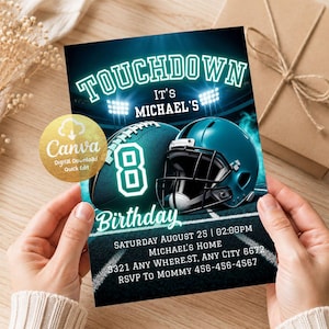 Invitación de cumpleaños de fútbol personalizada, fiesta de fútbol en azul verdoso y negro, plantilla para el día del partido de First Coast, invitación digital Touchdown Sports JCJ1
