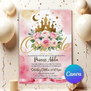 Princess 1st Birthday Party Invitations, One-ce Upon a Time First Birthday Invitation, Girl First Birthday Editable Castle Invitation PP041