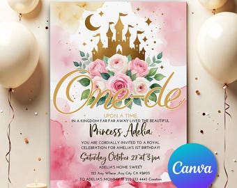 Inviti per la festa del primo compleanno della principessa, invito per il primo compleanno di una volta, invito a forma di castello modificabile per il primo compleanno della bambina PP041