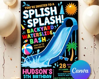 Uitnodiging voor verjaardagsfeestje glijbaan, waterglijbaan Bash uitnodiging jongen meisje splash feestuitnodiging, bewerkbare canvas uitnodiging sjabloon WS221