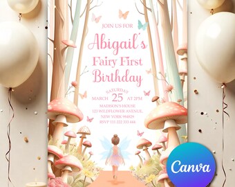 My Fairy First Invitation, Fairy Garden 1st Birthday Party Invitation, Enchanted Forest Girl, Editable Fairy First Birthday Invitation FF073