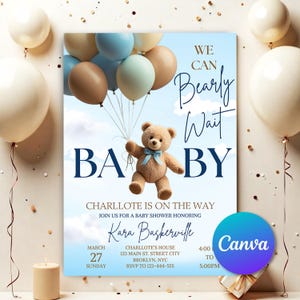 Blue Boy Boho Bear babyshower, bewerkbaar in Canva Bear babyshower uitnodigen, we kunnen Bearly Wait uitnodiging, bewerkbare verjaardagsuitnodiging voor jongens