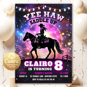 Cowgirl Party Horse Invitation, Girl Horse Birthday Invitation, Neon Glow Invitation, Editable Cowgirl Birthday Invitation Template PC043