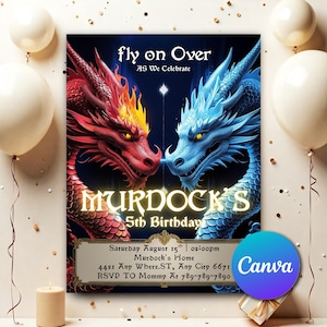 May include: A birthday invitation featuring two dragons, one red and one blue, facing each other. The text "fly on Over" and "MURDOCK'S 5th Birthday" are displayed. Additional details include the date, time, location, and RSVP information.