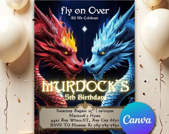 Dragon Birthday Invitation, Dragon Theme Invitation, Red And Blue Dragon, Instant Download, Editable Dragon Birthday Party Invitation DB0801