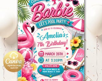 Rosa Pool-Party Einladungsvorlage, Barbie inspirierte Geburtstag einladen, bearbeitbare Canva Summer Pool Party einladen Digitaler Download PDPP2