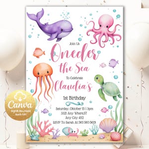 Peut inclure: Une invitation numérique sur le thème marin, avec des illustrations d'une baleine violette, d'une pieuvre rose, d'une méduse orange et d'une tortue verte. Le texte indique "Oneder the Sea" et "1er anniversaire de Claudia".