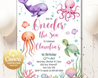 Oneder the Sea Birthday Invitation, Watercolour Sea Animals Invitation, Editable Nautical Ocean Kids Birthday Invite Canva Template OTS811
