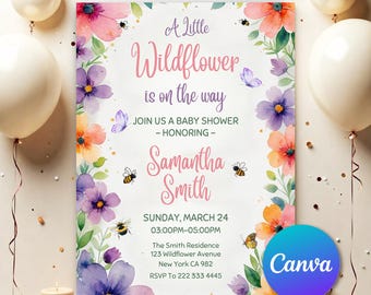 Editable A Little Wildflower Baby Shower Invitation, Baby in Bloom Baby Shower Invite, Spring Flowers Baby Shower Invite, Bee Butterfly WB24