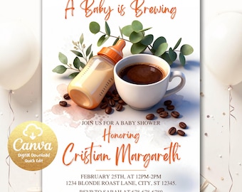 Invitación para baby shower con granos de café, invitación para baby shower con un bebé preparando café, invitación para bebé de género neutro, plantilla editable de Canva CBB2