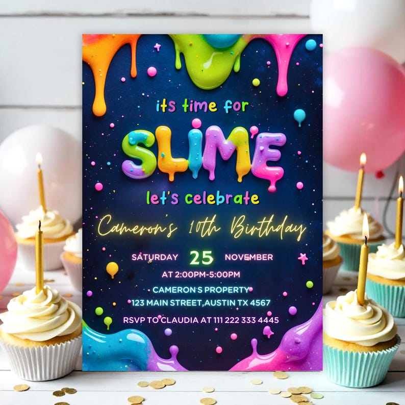 Slime Party Invite,Slime Birthday Party,Slime Party,Slime Invitation,Slime Glitter,Slime Template,Slime Birthday,Slime Invite,Slime purple,Slime pink,Slime For Girl,glow slime,Editable Invitation,