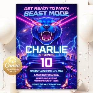 Puede incluir: Una invitación digital para una fiesta con un diseño futurista. La invitación presenta una cabeza de pantera azul, el texto "BEAST MODE" y el nombre "CHARLIE" con el número "10". Incluye detalles del evento y el logotipo de Canva.