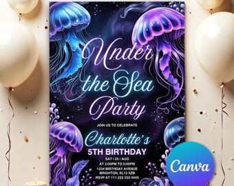 May include: An invitation to a 5th birthday party with an under the sea theme. The invitation features a dark blue background with two glowing jellyfish, one blue and one purple. The text on the invitation reads "Under the Sea Party" and "Charlotte's 5th Birthday".