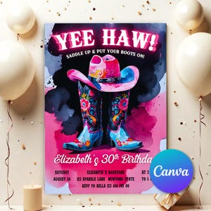 Pink Disco Cowgirl Hoedown Birthday Party Invitation, Printable Glam Country Western Invite, Editable Template, Instant Download PDC032
