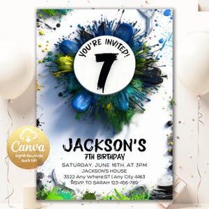 May include: A birthday invitation with a white background and colorful paint splatters. The invitation says "You're Invited!" and features the number 7. It includes the text "Jackson's 7th Birthday" and event details.