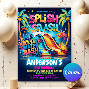 May include: A colourful invitation for a "Splish Splash Backyard Water Bash" birthday party. The design features a water slide, palm trees, and the text "Anderson's 10th Birthday". The invitation includes date, time, and RSVP information.