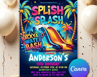 Water Slide Invitation, Water Slide Bash Invite, Boy Girl Splash Party Invitation, Editable Water Slide Birthday Invite Canva Template WS223