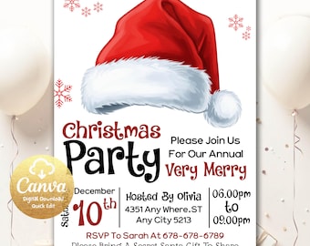 May include: A Christmas party invitation featuring a red Santa hat with white trim. The invitation includes the words "Christmas Party" in a festive font, along with event details such as date, time, and RSVP information.