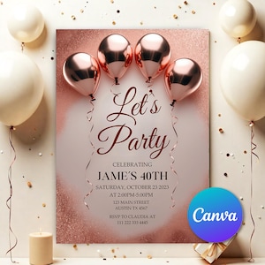Rose Gold Invitation Template Rose Gold Birthday Invitation 40Th, Editable Let's Party Rose Gold Balloons Birthday Invitation 50Th RGB0081
