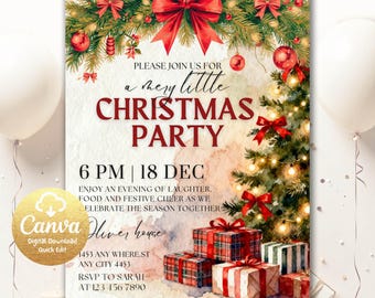 Puede incluir: Una invitación a una fiesta de Navidad con un diseño de acuarela. La invitación presenta un árbol de Navidad festivo, lazos rojos y cajas de regalo. El texto incluye "Merry Little Christmas Party" y detalles del evento. También hay un logotipo de Canva.