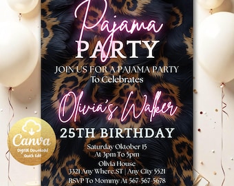 Cheetah Print Sleepover PJ Party Suite 25TH, Leopard Print Pajama Party Digital Invitation & Itinerary, Safari Theme Birthday Evite, LP401