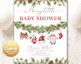 May include: A Christmas-themed baby shower invitation. The design includes watercolor illustrations of pine branches, pine cones, and red berries. The text reads "a Merry little BABY SHOWER" and includes event details.