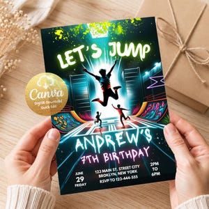 May include: A rectangular birthday invitation card featuring a neon-style graphic of people jumping in a skate park. The text reads LET'S JUMP, ANDREW'S 7TH BIRTHDAY, JUNE 29 FRIDAY, 123 MAIN ST. STREET CITY BROKLYN, NEW YORK, 2PM TO 6PM, RSVP 123-444-555.
