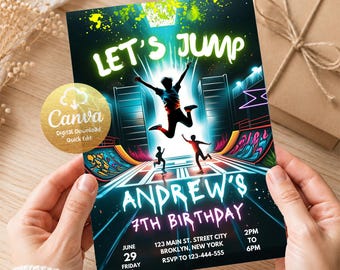 Trampoline Park Invitation Personalized, Any Age Let's Jump Birthday Party Invite, Printable Teen Jump Party, Editable Canva Template TP81