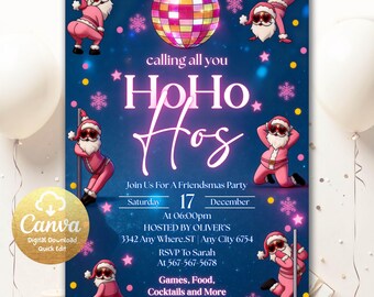Invitación navideña divertida, invitación para fiesta navideña de adultos, invitación para fiesta de amigos en Navidad, invitación "¡Ho, ho, ho!", plantilla editable Canva SH88