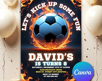 サッカーを楽しもう！招待状、サッカー誕生日招待状、キッズサッカー招待状、編集可能なサッカー誕生日招待状テンプレート SC0053