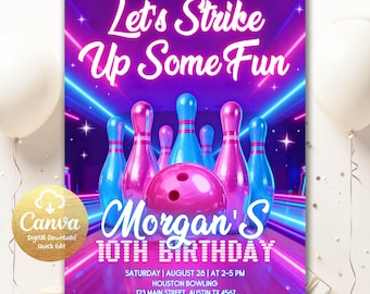 Bowling verjaardagsuitnodiging, laten we wat leuks doen, meisjes bowling verjaardagsuitnodiging, roze bowlingfeest, bewerkbare canvas sjabloon