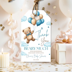 Boho Bear Baby Shower Tack-taggar: Luftballonggåva (redigerbar PDF-mall)